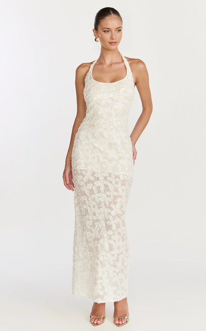 Halter Tie Back Floral Sequin Mesh Bodycon Plus Size Wedding Guest Dress