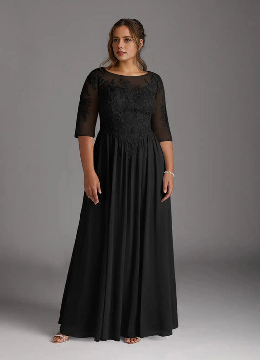Roselledress black lace chiffon plus size mother gown bateau neck 3/4 sleeve maxi dress front photo