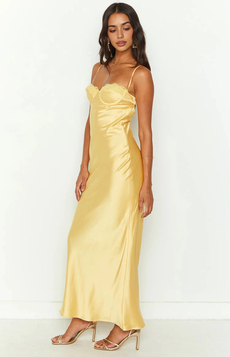 Lemon Yellow Slip Sweetheart Spaghetti Strap Open Back Long Prom Dress