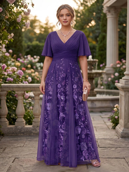 Dreamy Plus Size A-Line V-Neck Flutter-Sleeve V-Back Floor-Length Mother Of Bride Dress