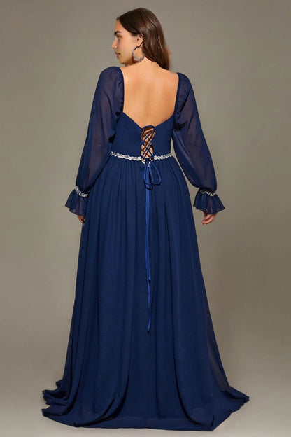 Olive Green Plus Size A-Line Square Long Sleeve Criss Cross Back Long Prom Dress