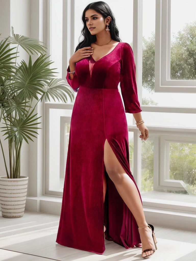 Gorgeous A‑Line V‑Neck 3/4‑Sleeve V‑Back Floor‑Length Plus Size Mother Of Bride Dress