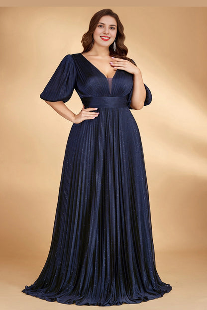 Plus Size Sparkly Navy A Line V Neck Puff Sleeve Zipper Back Long Prom Dress