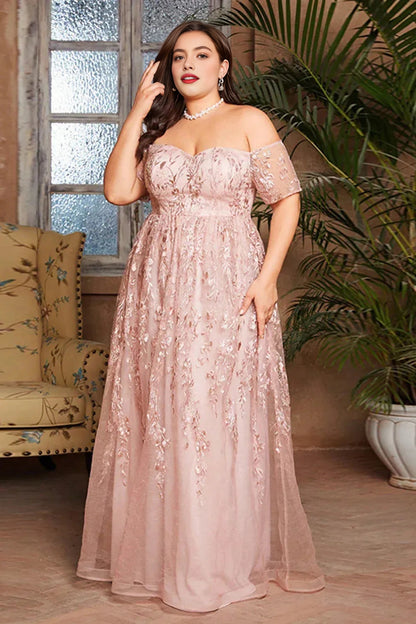 Romantic A‑Line Off‑The‑Shoulder Short‑Sleeve Zip‑Back Floor‑Length Plus Size Prom Dress