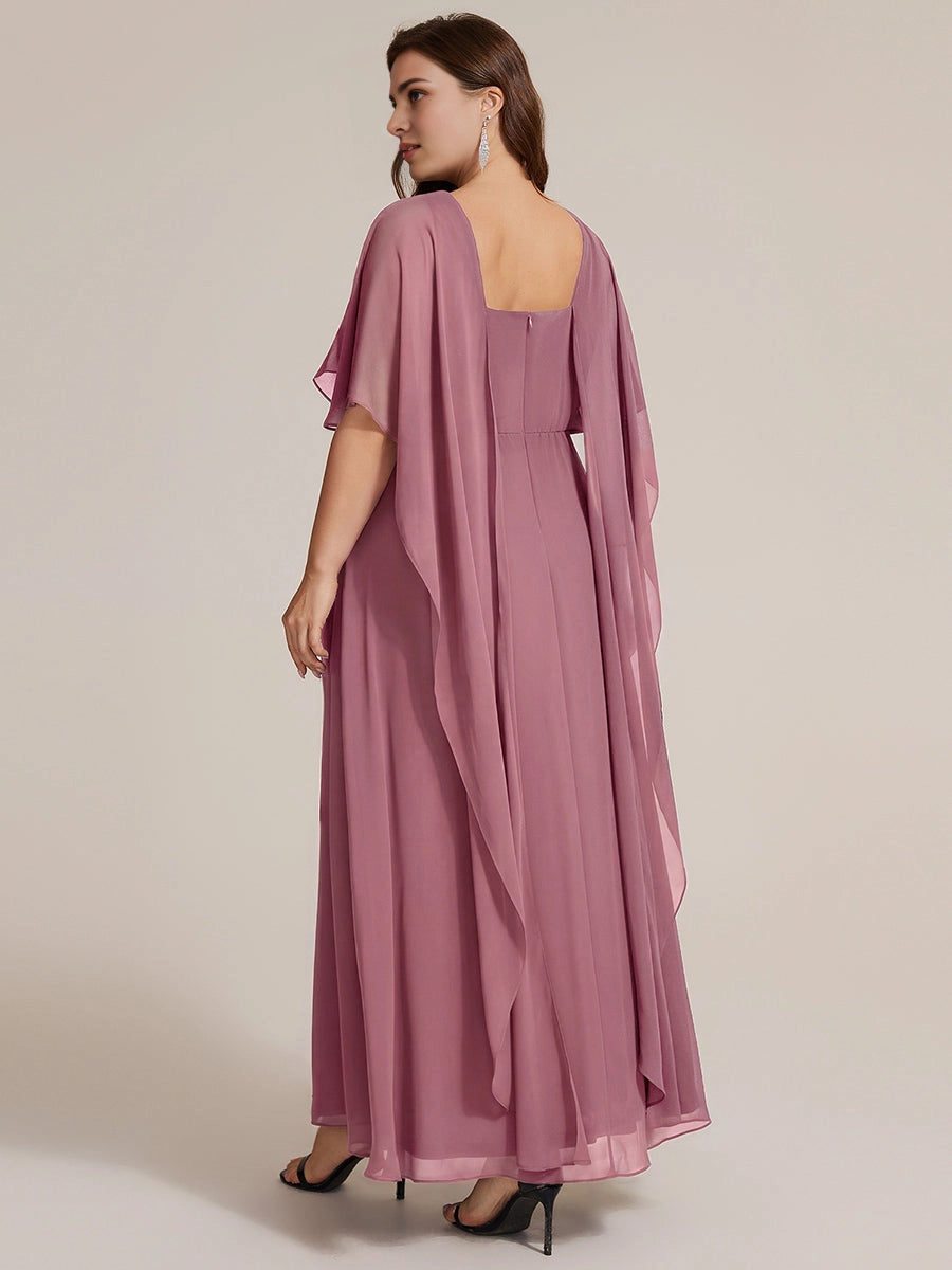 Back view of RoselleDress mauve plus size formal gown square tie back zipper long evening dress with flowing cape drape