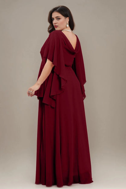 Dark Green Plus Size A‑Line V‑Neck Cape‑Sleeve Cowl‑Back Floor‑Length Prom Dress
