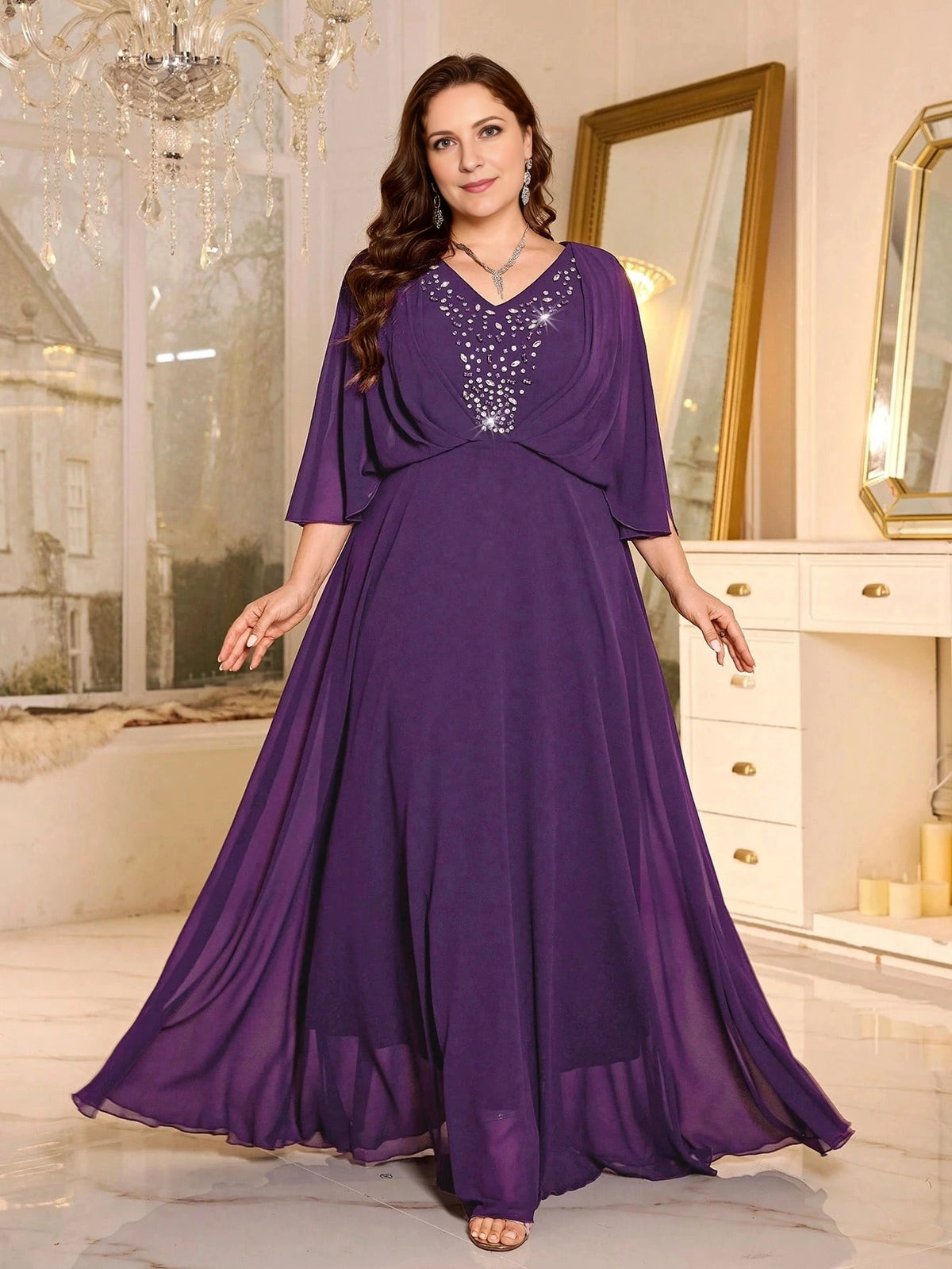 Elegant Plus Size A-Line V-Neck Flutter-Sleeve V-Back Maxi Beaded Mother of Bride Dress