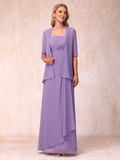 Soft A Line Square 3/4 Sleeve Solid Back Two Piece Long Mother Of Bride Dress