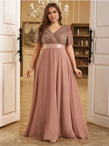 Elegant A‑Line V‑Neck Short‑Sleeve Zip‑Back Floor‑Length Plus Size Mother Of The Bride Dress