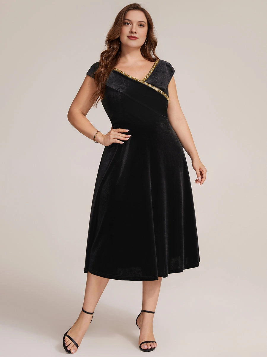 Plus Size Navy Velvet A-Line V-Neck Cap Sleeve Tea-Length Wedding Guest Dress