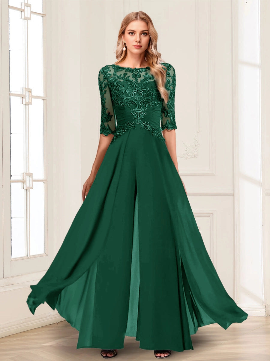 Luxury Jumpsuit Boat Neck 3/4 Sleeve Illusion Back Long Mother Of Bride Dress