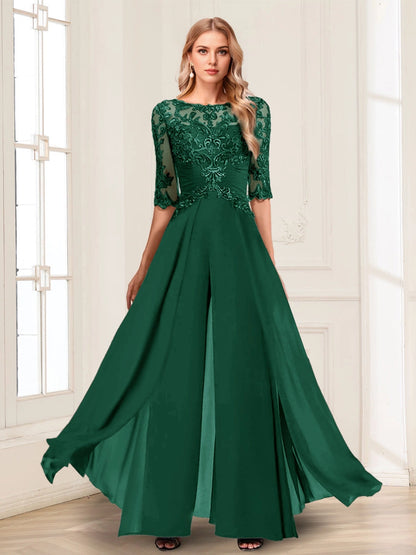 Luxury Jumpsuit Boat Neck 3/4 Sleeve Illusion Back Long Mother Of Bride Dress