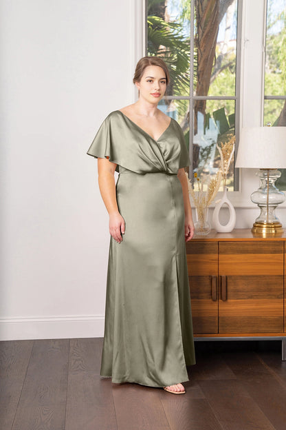 Elegant Plus Size A-Line V-Neck Flutter Sleeve V-Back Floor Length Bridesmaid Dress