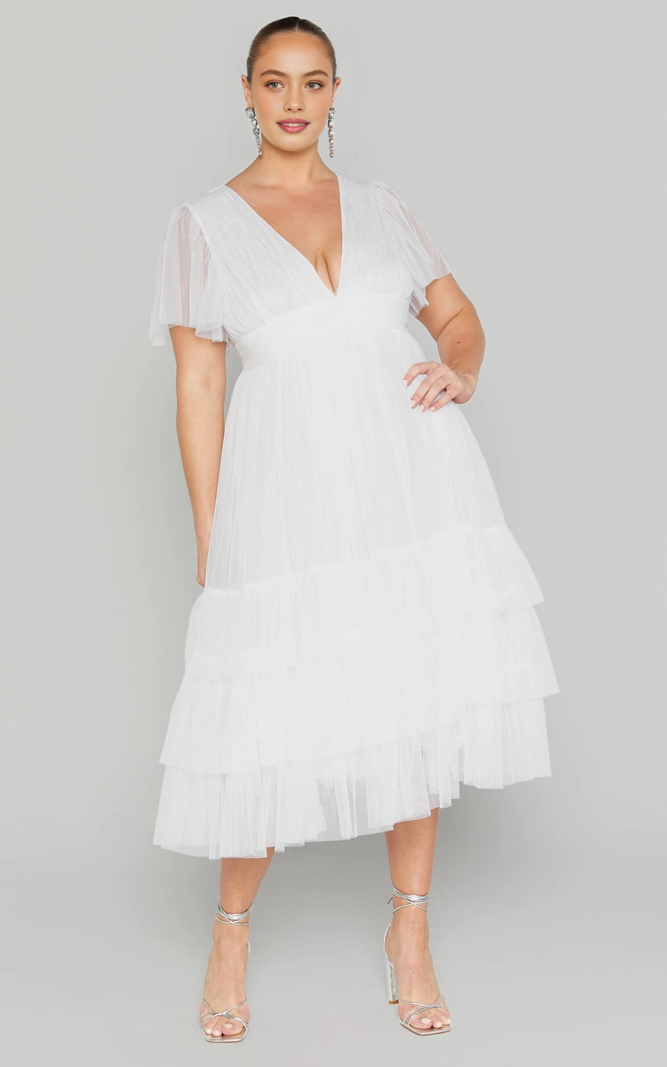 V Neck Flutter Sleeve Tiered Tulle Midi Plus Size Wedding Guest Dress