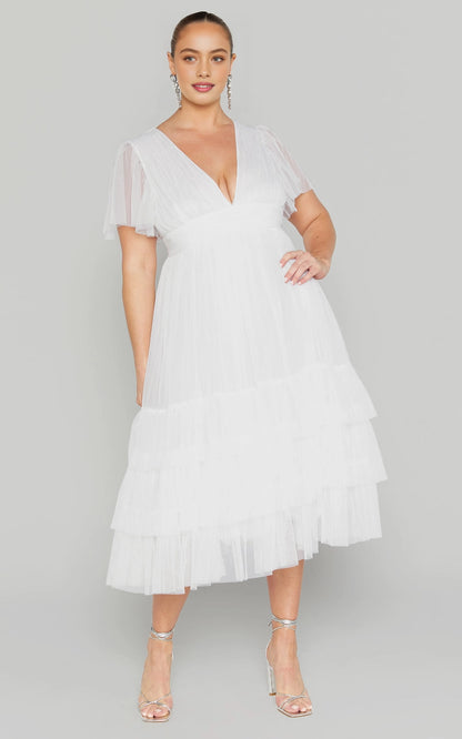 V Neck Flutter Sleeve Tiered Tulle Midi Plus Size Wedding Guest Dress