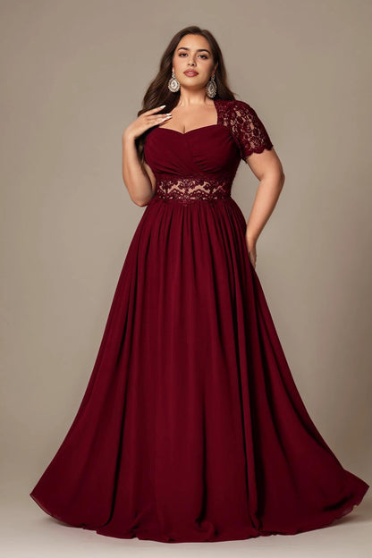 Navy Plus Size A-Line Sweetheart Short Sleeve Closed Back Long Prom Dress