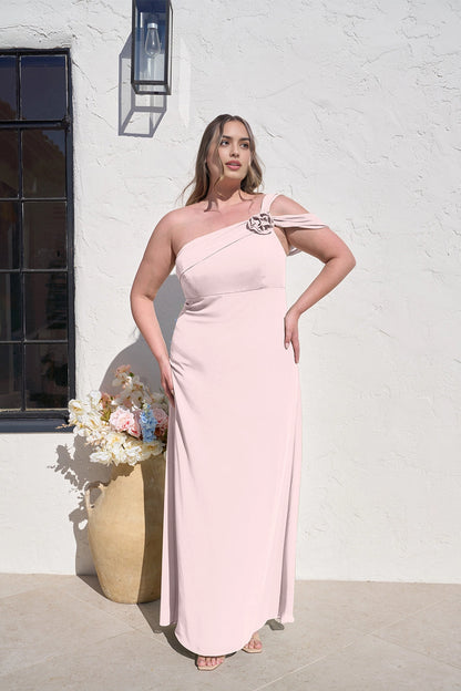 Elegant Sheath One Shoulder Floral Detail Zipper Back Plus Size Maxi Bridesmaid Dress