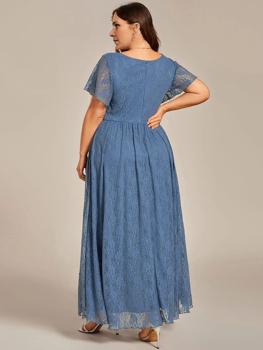 Dusty blue lace mother of the bride dress with zipper back and high-low hem