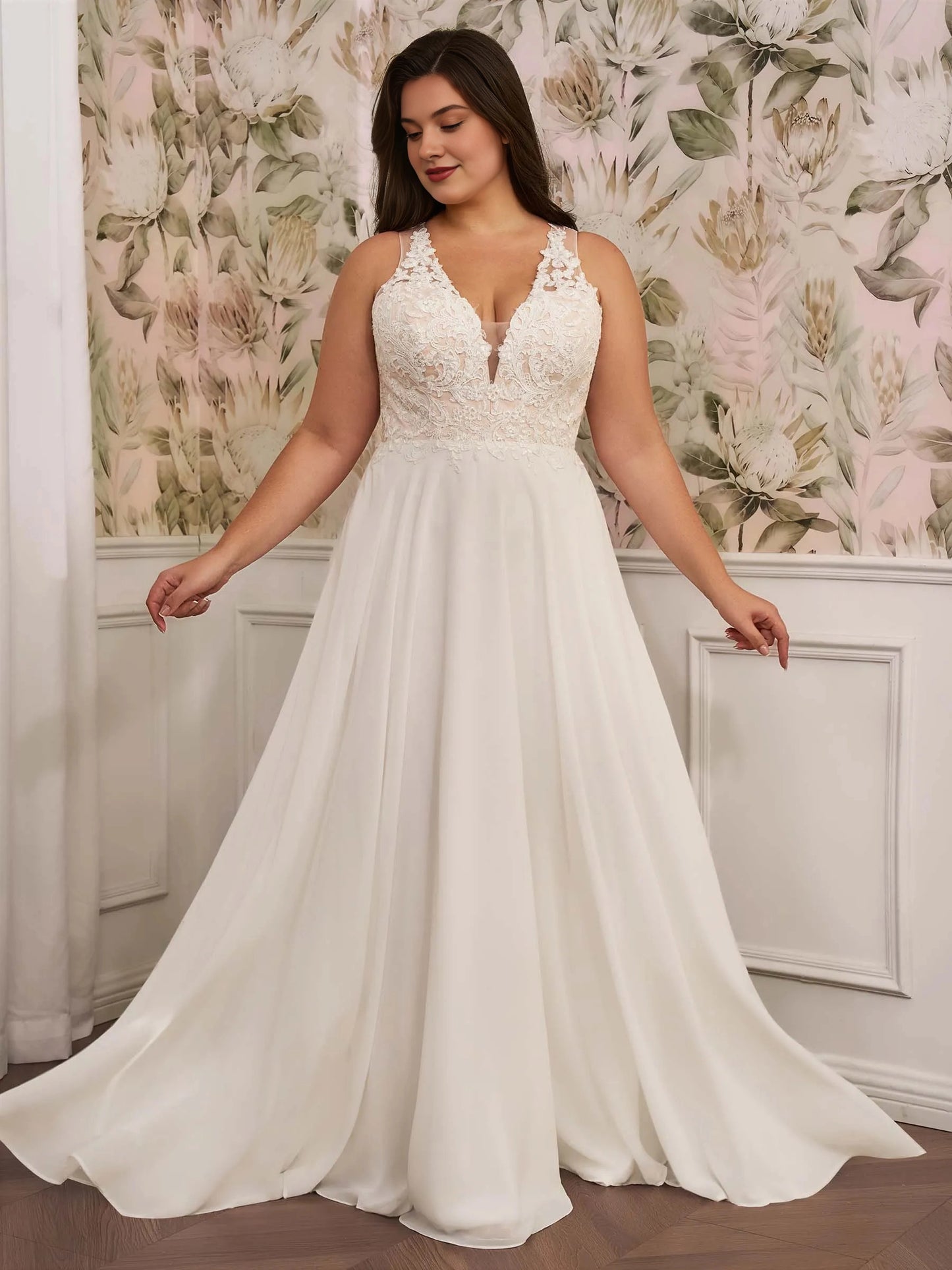 Elegant A‑Line V‑Neck Sleeveless Keyhole‑Back Floor‑Length Plus Size Wedding Dress