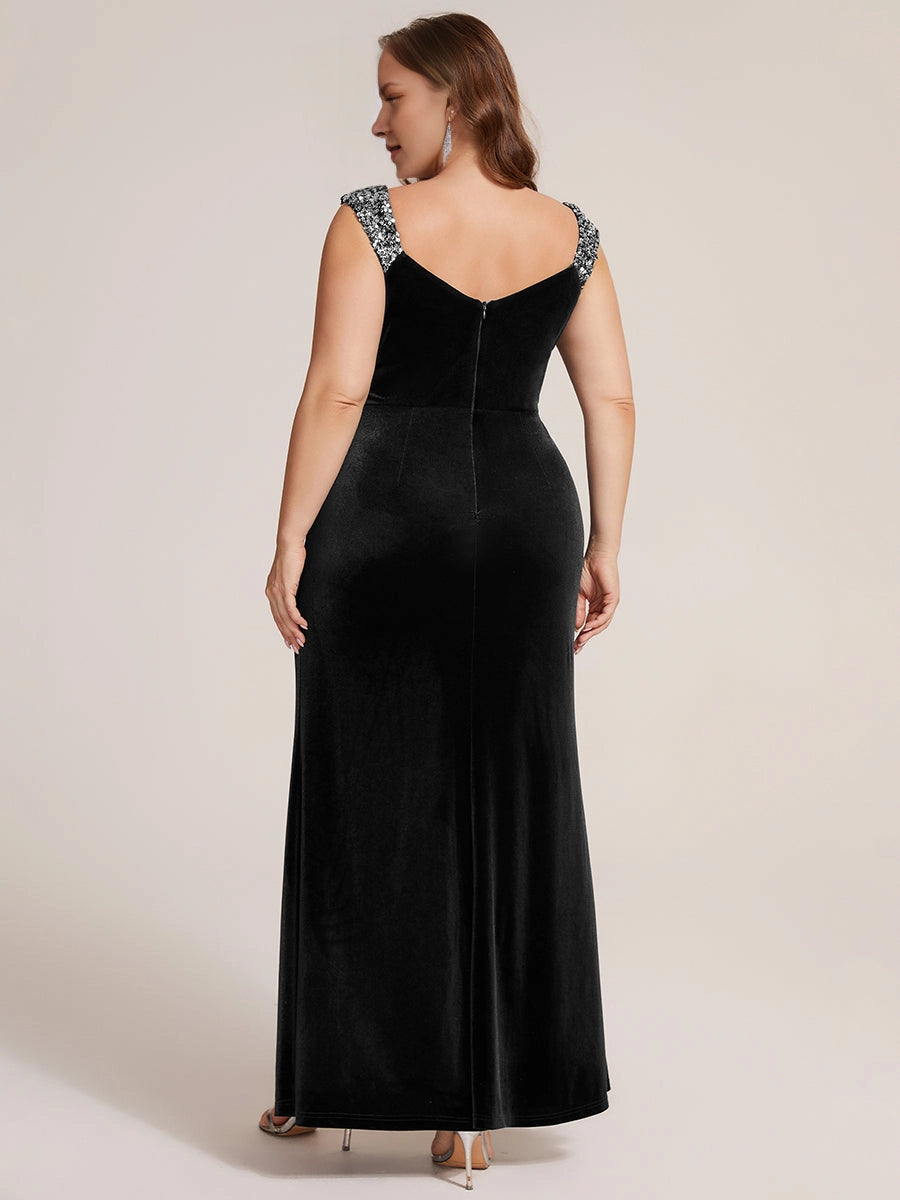 Glam Mermaid V-Neck Beaded Strap Zipper Back Slit Floor-Length Plus Size Prom Dress