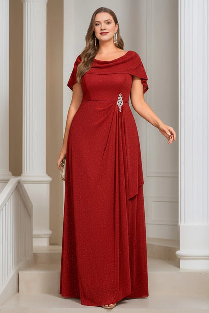Plus Size Cowl Neck Rhinestone Brooch Draped Long Mother of Bride Dress