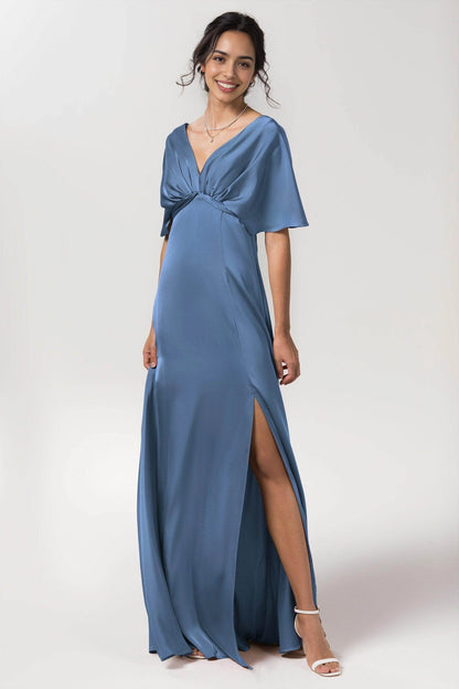 Elegant Plus Size Sheath V Neck Flutter Sleeve Bow Back Long Bridesmaid Dress