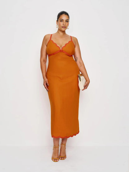 Roselledress Ruffle‑Trim Spaghetti‑Strap Ruched Midi Plus Size Wedding Guest Dress