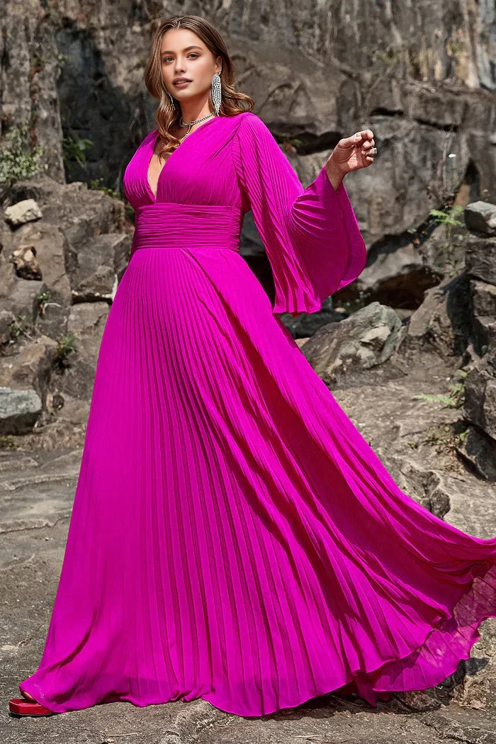 Stunning A‑Line V‑Neck Bell‑Sleeve Deep‑V‑Back Floor‑Length Plus Size Wedding Guest Dress