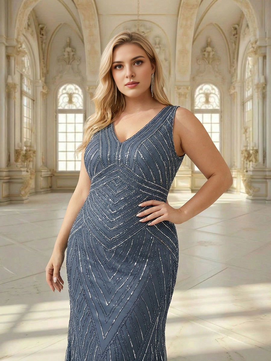 Roselledress Dusty Blue Mermaid V Neck Sleeveless Deep V Back Floor Length Plus Size Wedding Guest Dress