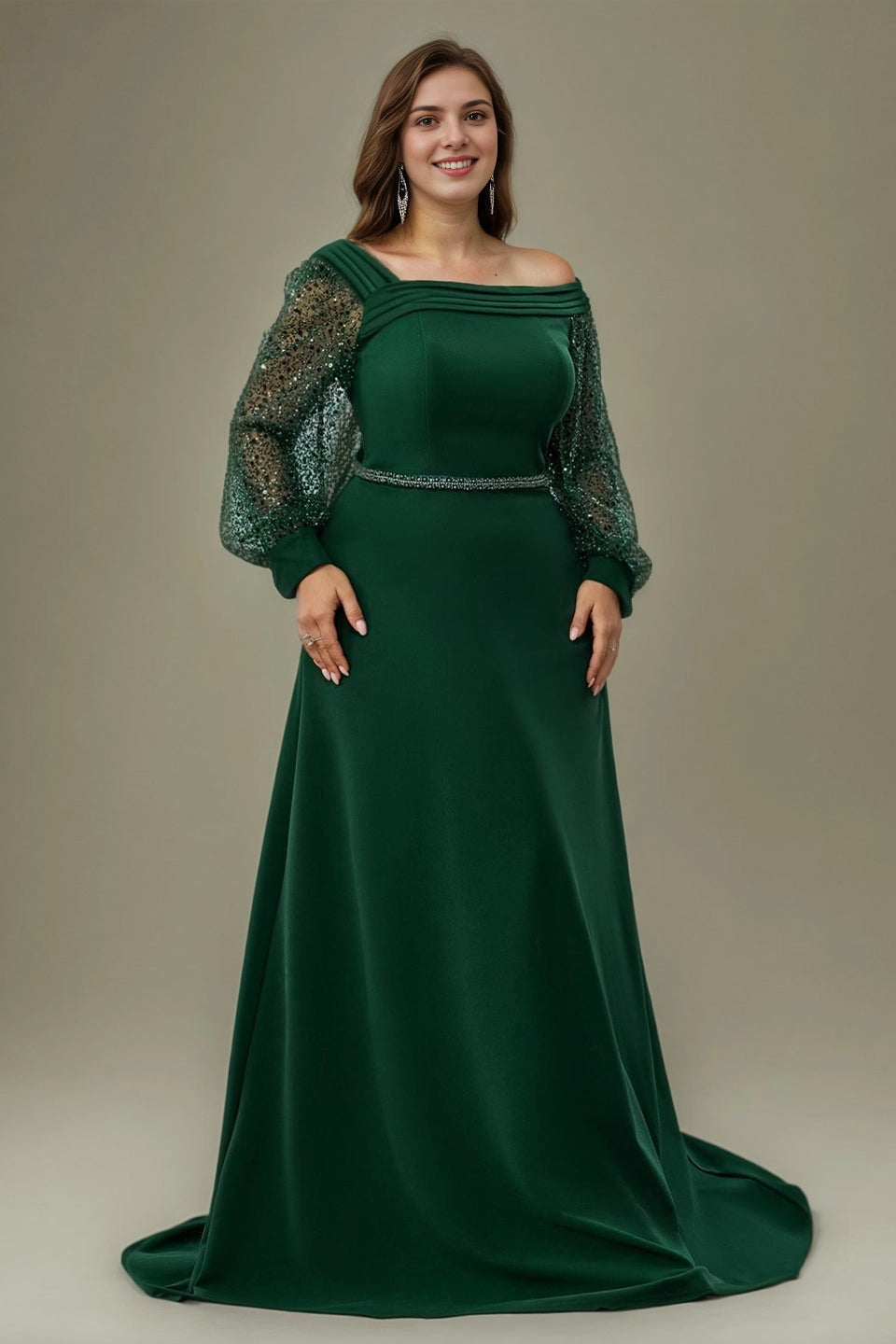 Dark Green Plus Size A‑Line Off‑The‑Shoulder Sequin‑Long‑Sleeve Zip‑Back Long Prom Dress
