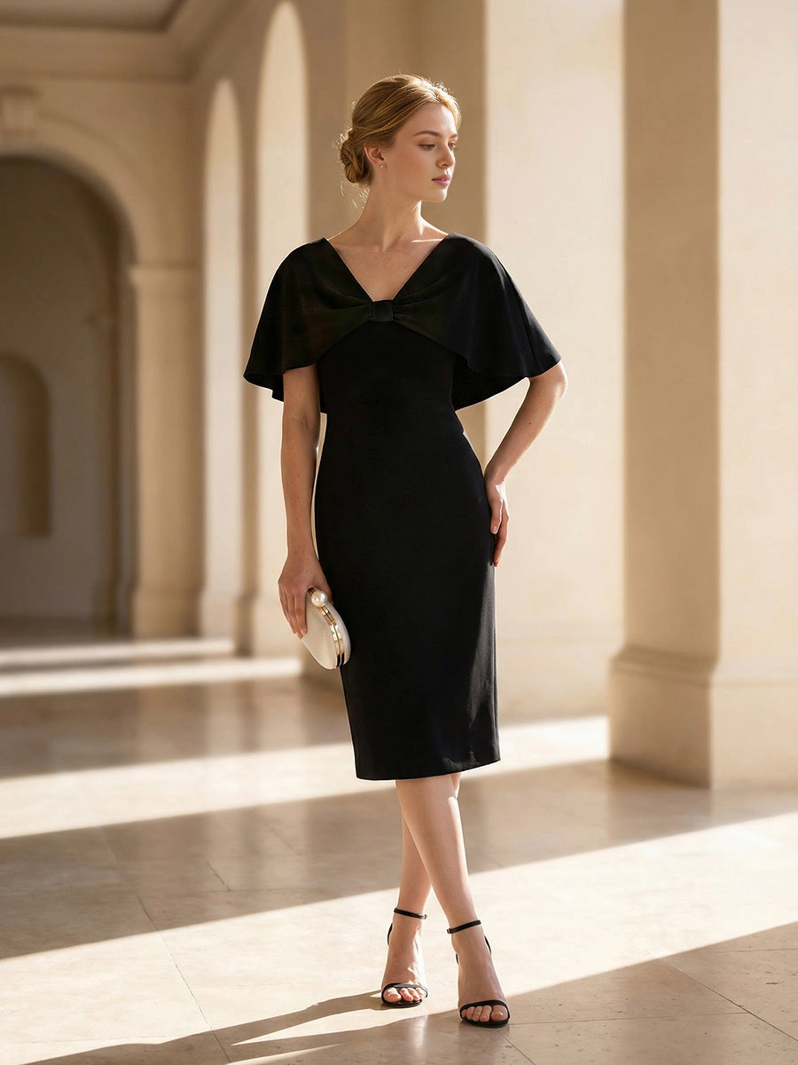 Roselledress Sky Blue Wrap V-Neck Cap Sleeve Seam Back Midi Plus Size Weeding Guest Dress