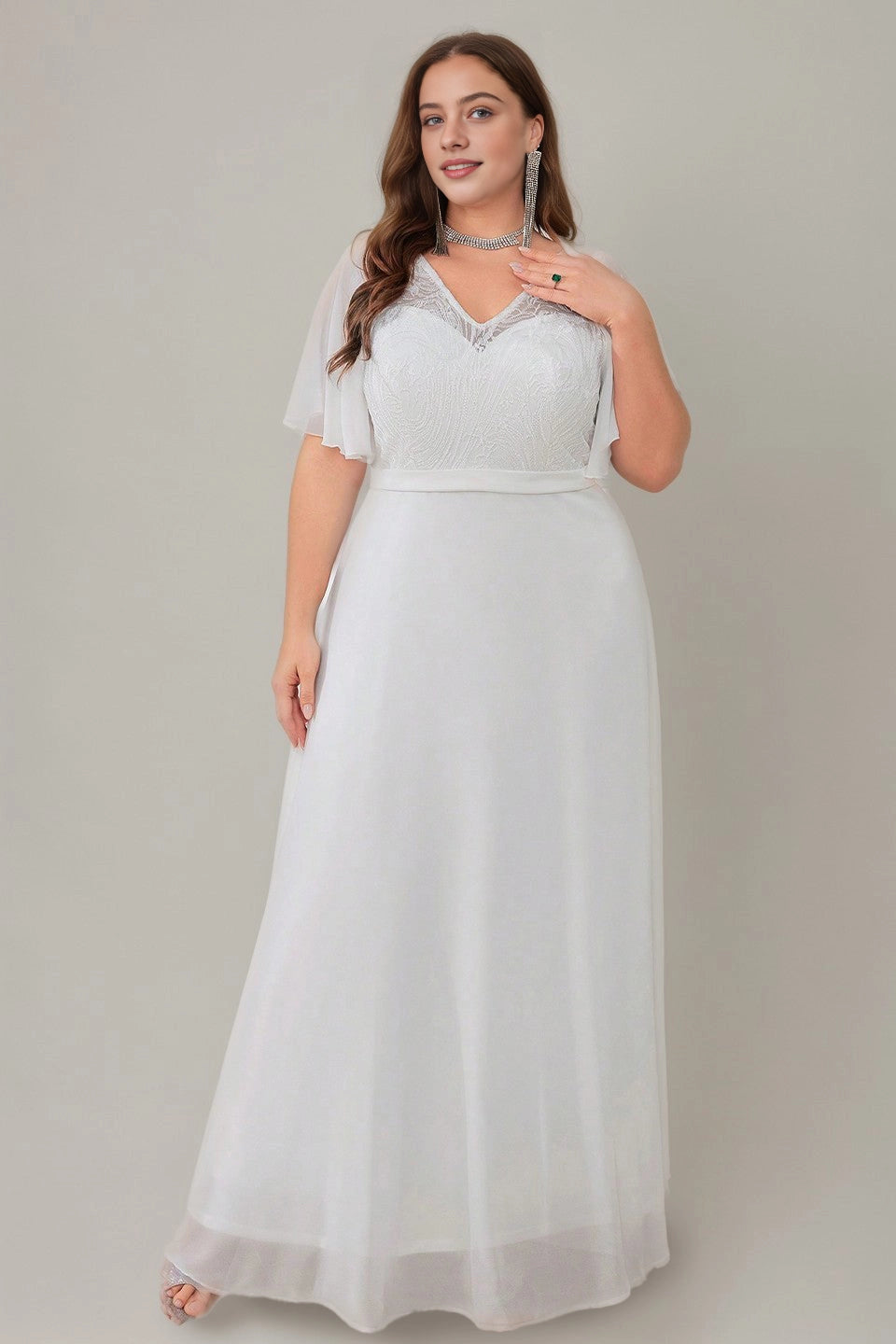 Soft Plus Size A-Line V-Neck Flutter-Sleeve Lace-Back Floor-Length Mother Of Bride Dress
