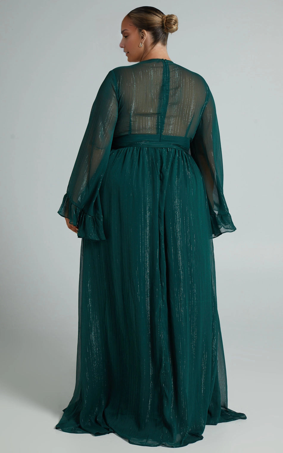 Boho A Line V Neck Bell Sleeve Tie Waist Chiffon Plus Size Wedding Guest Dress