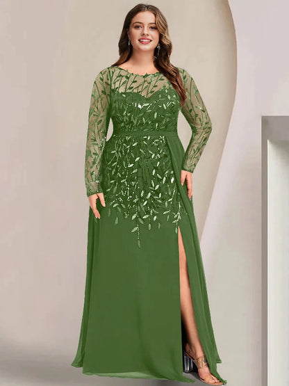 Roselledress Luxury Sheath Bateau Neck Long Sleeve Mesh Back Navy Sequin Chiffon Slit Plus Size Mother Of The Bride Dress
