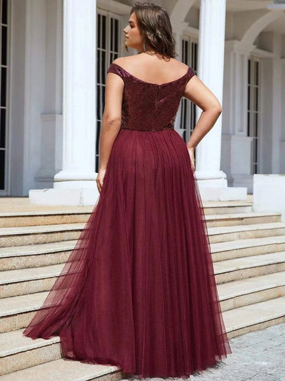 Glamorous A‑Line Off‑The‑Shoulder Cap‑Sleeve V‑Back Floor‑Length Plus Size Prom Dress