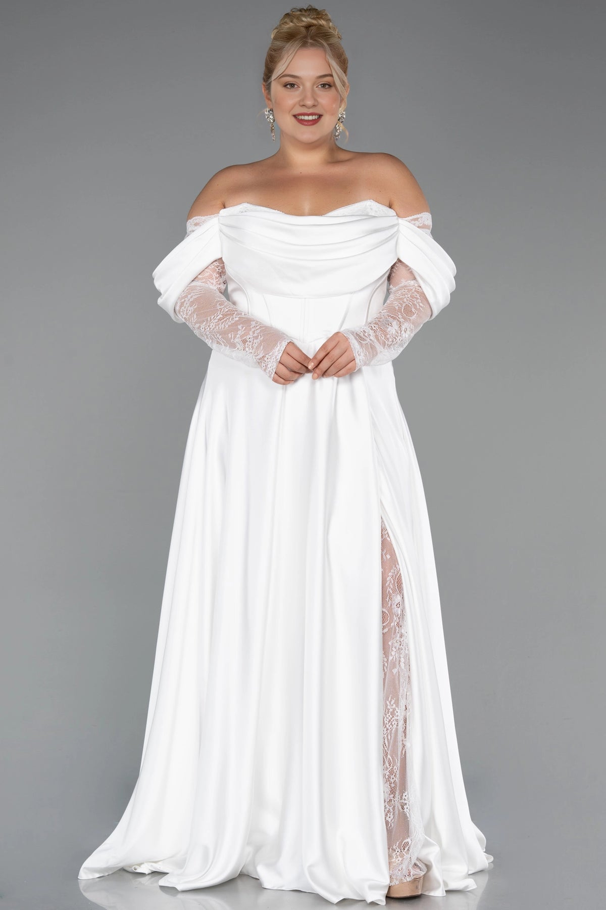 Elegant A-Line Off-Shoulder Lace-Sleeve Zipper-Back Floor-Length Plus Size Wedding Guest Dress