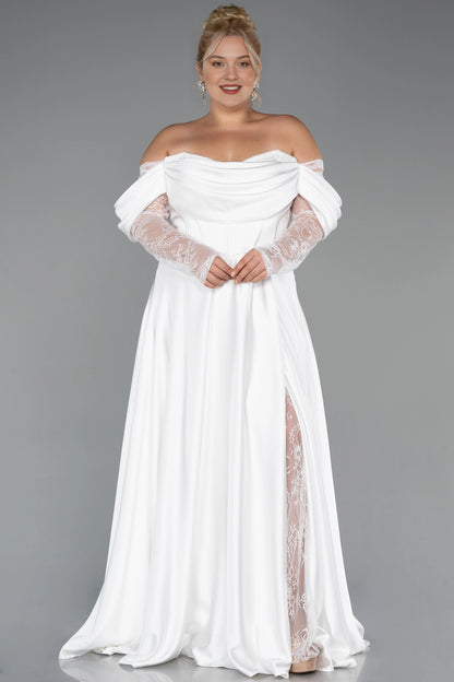 Elegant A-Line Off-Shoulder Lace-Sleeve Zipper-Back Floor-Length Plus Size Wedding Guest Dress