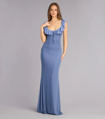 Roselledress dusty blue mermaid bridesmaid gown ruffle strap u neck ruched waist long formal prom dress