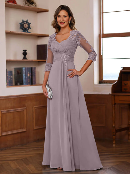 Elegant A-Line Sweetheart Neck Three-Quarter-Sleeve V-Back Floor-Length Mother of the Bride Dresses