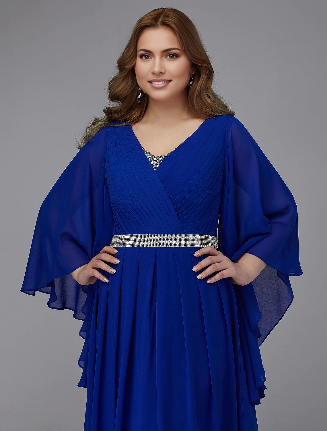 Modest A‑Line V‑Neck Cape‑Sleeve Round‑Back Floor‑Length Plus Size Mother Of The Bride Dress