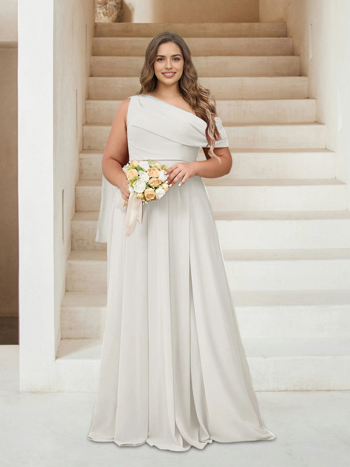 Roselledress Chic A-Line One Shoulder Draped Sleeve Zipper Back Floor Length Plus Size Mother Of The Bride Dress