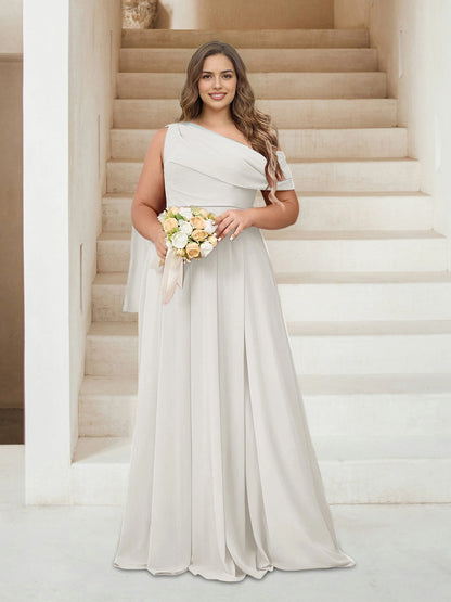 Roselledress Chic A-Line One Shoulder Draped Sleeve Zipper Back Floor Length Plus Size Mother Of The Bride Dress