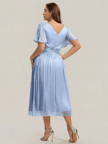 Sage Shimmer Chiffon Flutter Sleeve Midi Plus Size Wedding Guest Dress