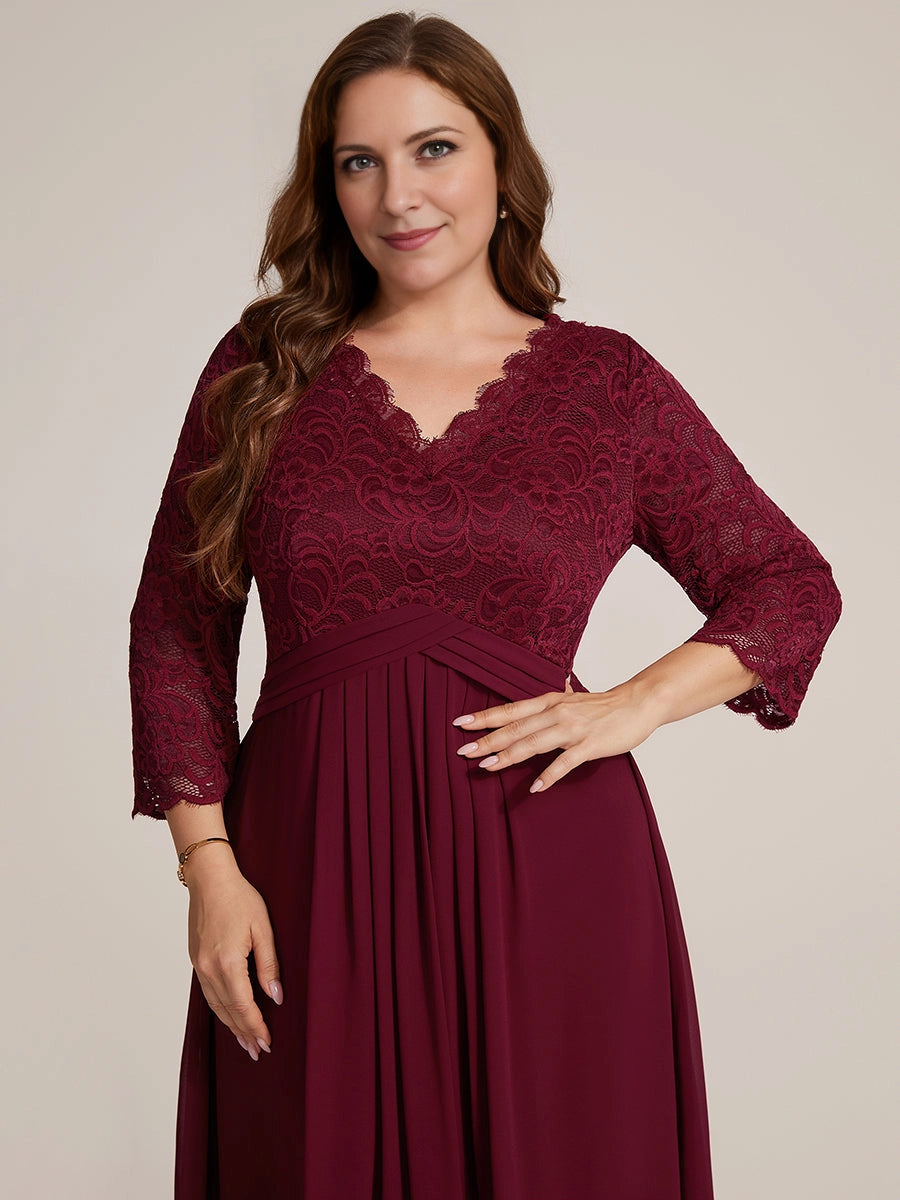 Elegant Plus Size A-Line V-Neck Three-Quarter-Sleeve Lace-Back Midi Mother of Bride Dress