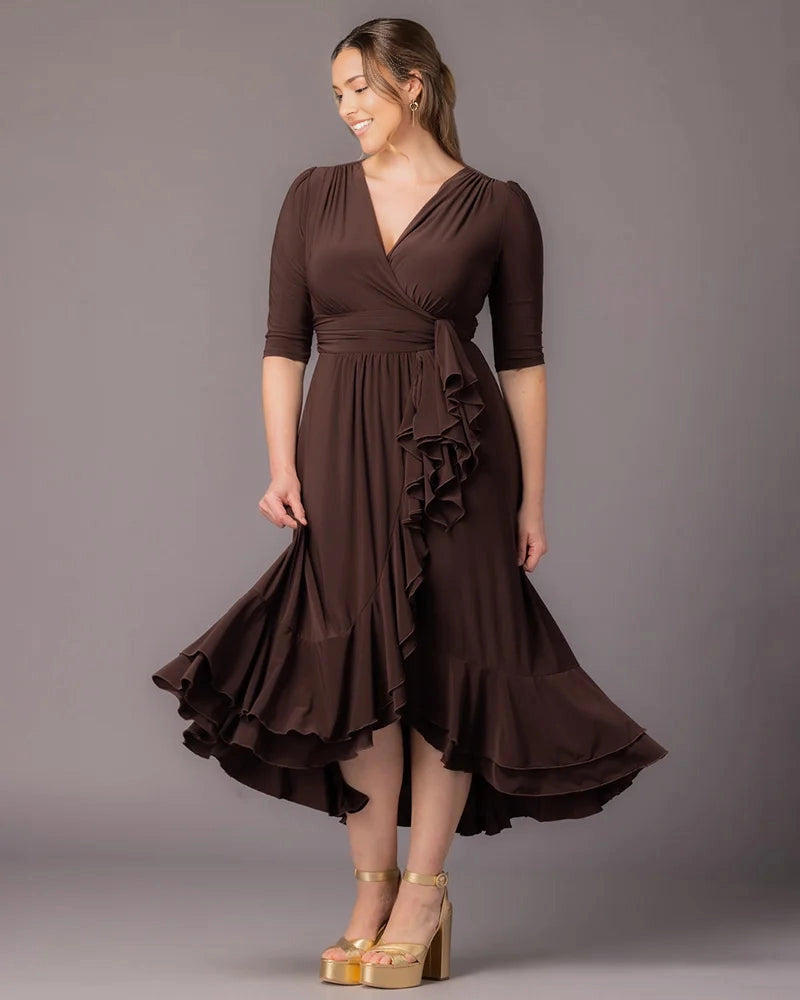 Elegant Wrap V‑Neck 3/4 Sleeve Ruffle‑Hem Floor‑Length Plus Size Wedding Guest Dress