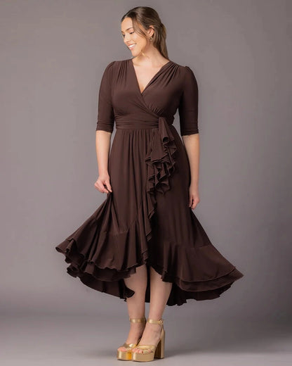 Elegant Wrap V‑Neck 3/4 Sleeve Ruffle‑Hem Floor‑Length Plus Size Wedding Guest Dress