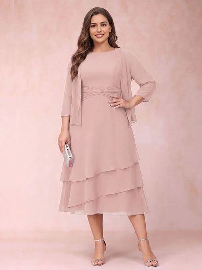 Modest A‑Line Round Neck Sleeveless 3/4 Sleeve Jacket Solid Back Tea‑Length Royal Blue Chiffon Plus Size Mother Of The Bride Dress