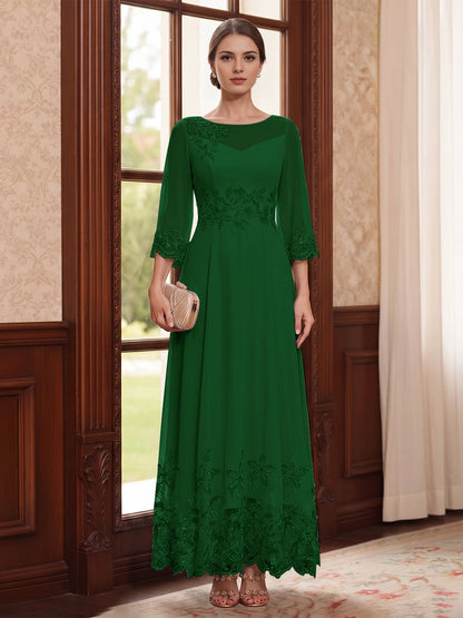 Elegant A Line Round 3/4 Sleeve Illusion Back Lace Long Mother Of Bride Dress