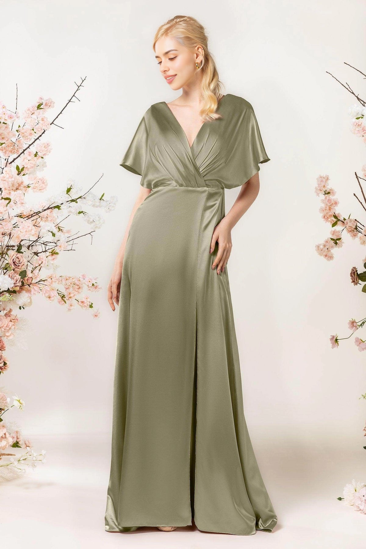 Plus Size Elegant Sheath V Neck Flutter Sleeve Open Back Long Bridesmaid Dress