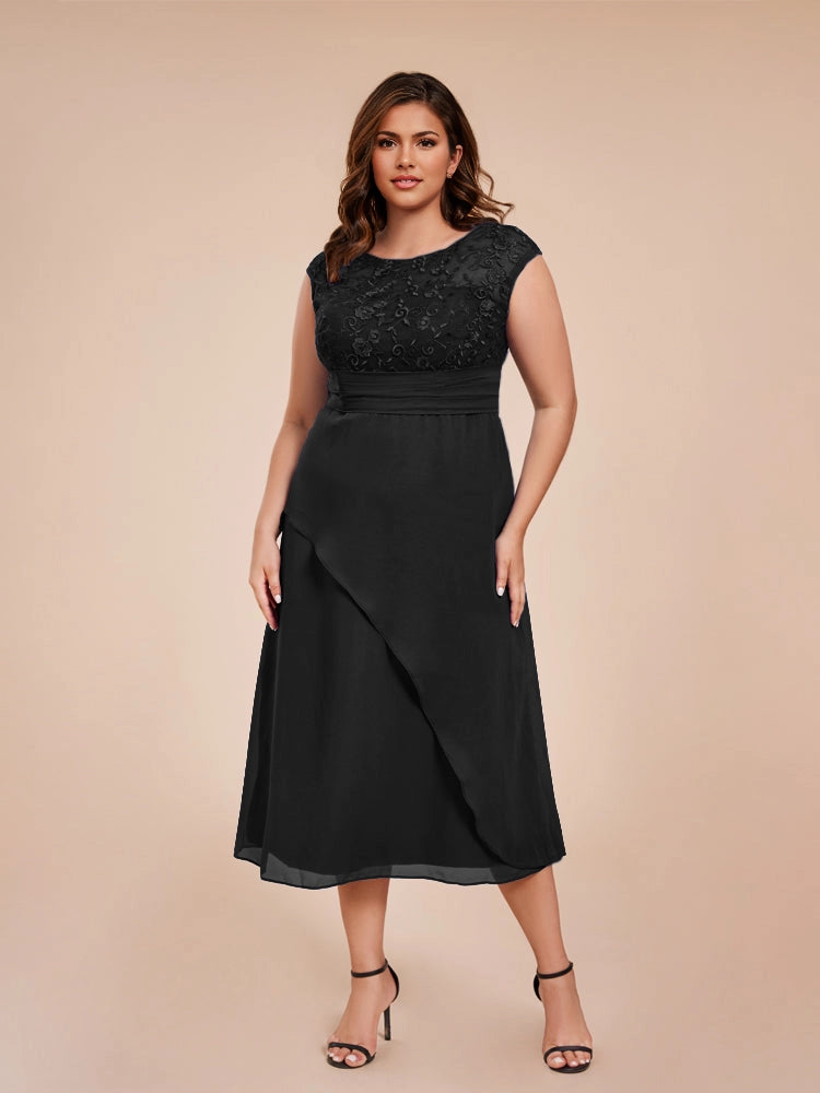 Charming A‑Line Bateau Neck Cap Sleeve V‑Back Midi Length Formal Plus Size Mother Of The Bride Dress